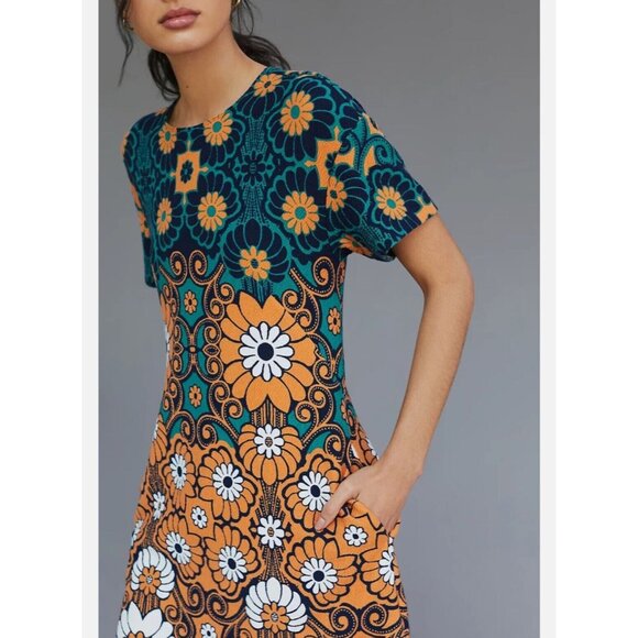 Anthropologie Maeve Floral Shift Mini Dress Mod Blue Green Size M Pockets Casual - Picture 4 of 12